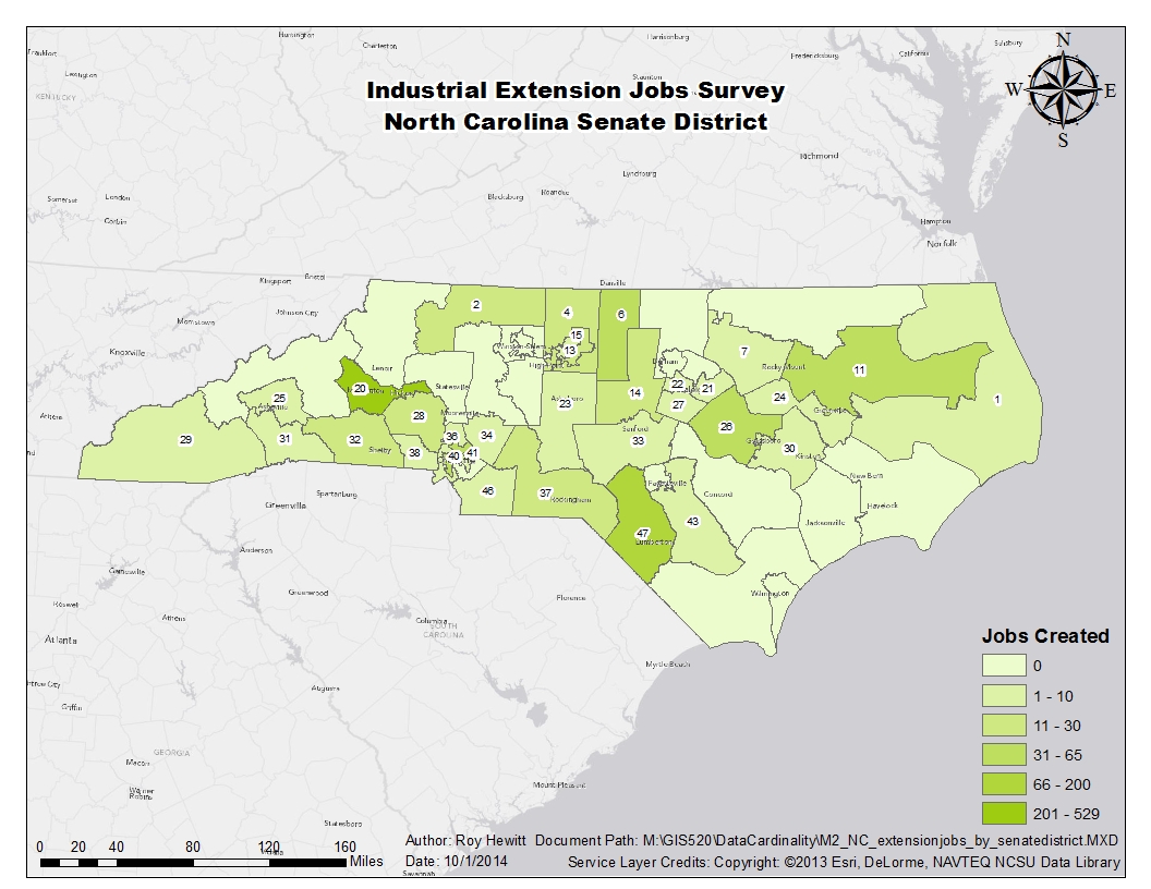 Map of Industrial Job Growth by NC Senate District